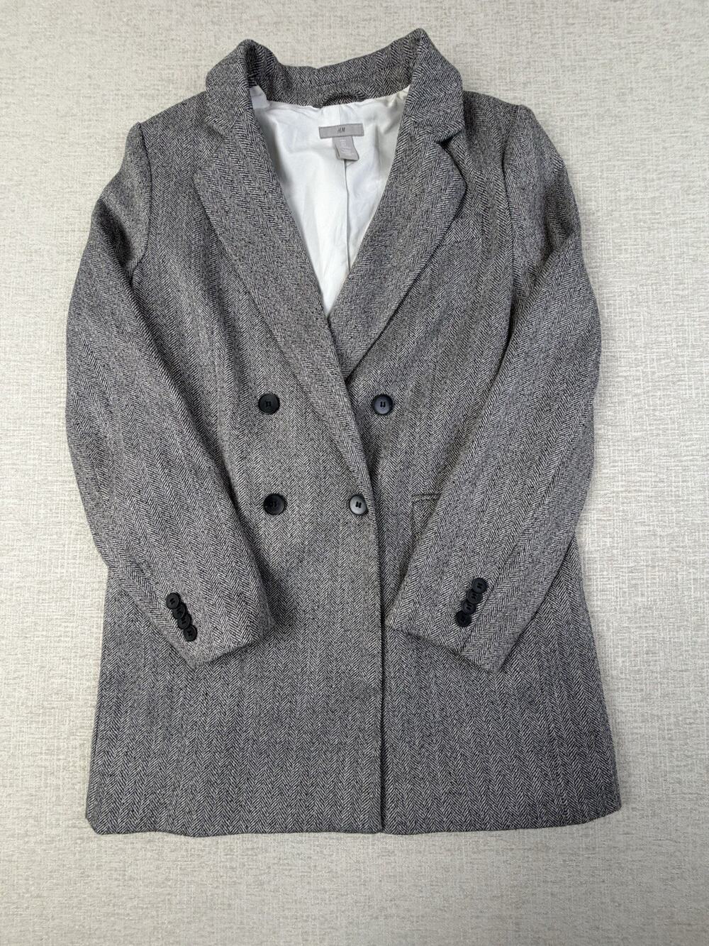 H&M Women’s Small Gray Herringbone Double Breasted Longline Blazer Jacket